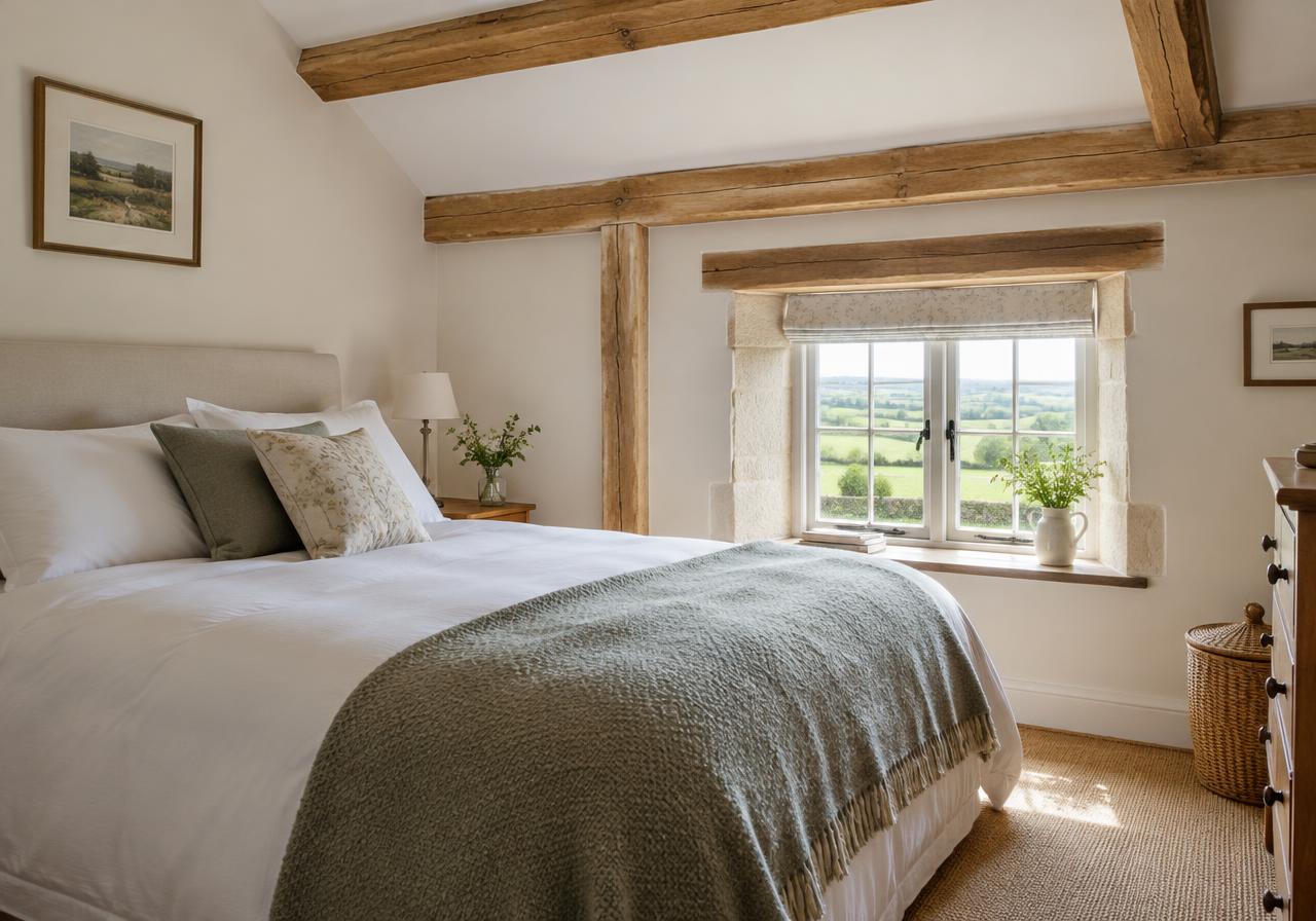 Cottage bedroom with beams and a view of fields